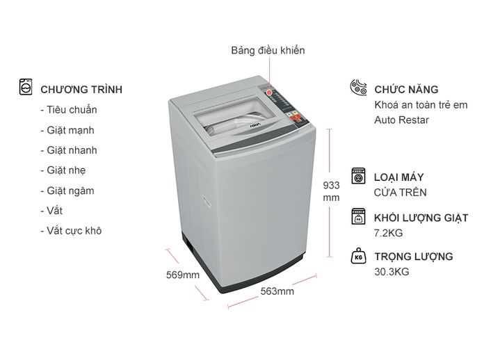 Máy giặt Aqua 7.2 kg AQW-S72CT (H2) 7 chế độ giặt