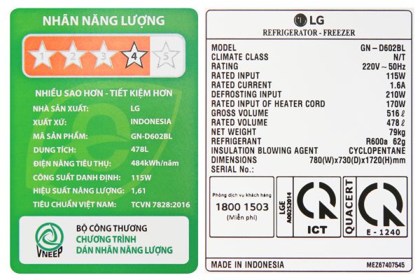 Tu Lanh Lg Inverter 478 Lit Gn D602bl