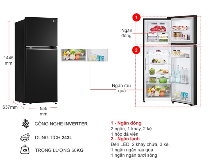 Tủ lạnh LG Inverter 243 lít GV-B242BL