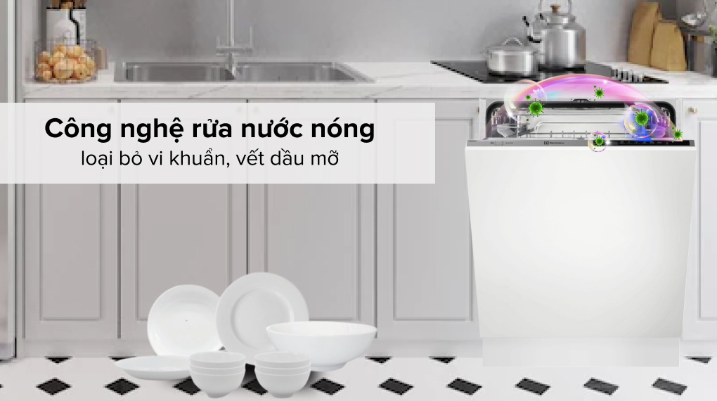 Máy rửa bát âm tủ 13 bộ Electrolux ESL5343LOTổng quan thiết kế  - Với thiết kế máy rửa chén âm tủ nên không chiếm quá nhiều diện tích, tông màu trắng trang nhã dễ dàng kết hợp với nội thất trong nhà.  - Vỏ máy bằng kim loại sơn tĩnh điện có độ bền cao, hạn chế các tình trạng gỉ sét, phần cửa làm bằng thép không gỉ bền chắc và dễ dàng vệ sinh.  - Bảng điều khiển cảm ứng được thiết kế nhỏ gọn với các biểu tượng tượng trưng cho chương trình rửa giúp dễ dàng lựa chọn chế độ phù hợp.  Công suất hoạt động  - Máy rửa chén Electrolux có công suất 1900W hoạt động mạnh mẽ với khả năng rửa 3 - 4 bữa ăn Việt (13 bộ Châu Âu).  - Trong 1 chu trình rửa trung bình máy sẽ tiêu tốn khoảng 9.9 lít.  - Máy hoạt động êm ái với độ ồn 44 dB không làm ảnh hưởng tới không gian sinh hoạt, nghỉ ngơi của gia đình.  Công nghệ rửa  Máy rửa chén có công nghệ rửa nước nóng hiện đại sẽ giúp các vết dầu mỡ, mảng bám cứng đầu được rửa sạch một cách dễ dàng, đồng thời hạn chế vi khuẩn tích tụ và bảo vệ tốt hơn cho sức khỏe người dùng.  Chương trình rửa  - 6 chương trình rửa đa dạng, đáp ứng nhiều nhu cầu khác nhau như rửa chuyên sâu 70°C, rửa nhanh 30 phút, rửa tiết kiệm, rửa tự động, rửa đồ thủy tinh và xả trước.  - Ngoài ra, máy còn có chế độ rửa 1/2 tiết kiệm hoạt động dưới áp suất và nhiệt độ cao hơn giúp giảm thời gian rửa đến 50%.  Tiện ích  - Chức năng sấy tăng cường cho phép nước được rửa trôi và sấy khô nhanh hơn, chén đĩa được rửa sáng bóng nhanh chóng.  - Hẹn giờ bắt đầu rửa (từ 1 - 24 tiếng) chủ động hơn khi sử dụng, phù hợp cho những người bận rộn.  - Tự động mở cửa khi kết thúc sẽ giúp chén bát mau khô hơn.  - Đèn chiếu trạng thái hoạt động xuống sàn sẽ giúp người dùng kiểm soát được quá trình hoạt động của máy rửa chén.  Máy rửa chén âm tủ Electrolux ESL5343LO là trợ thủ đắc lực cho chị em nội trợ với khả năng rửa trong 1 lần là khoảng 3 - 4 bữa ăn. Ngoài ra còn trang bị đầy đủ các công nghệ phục vụ nhu cầu rửa đa dạng như rửa nước nóng, 6 chương trình rửa,…