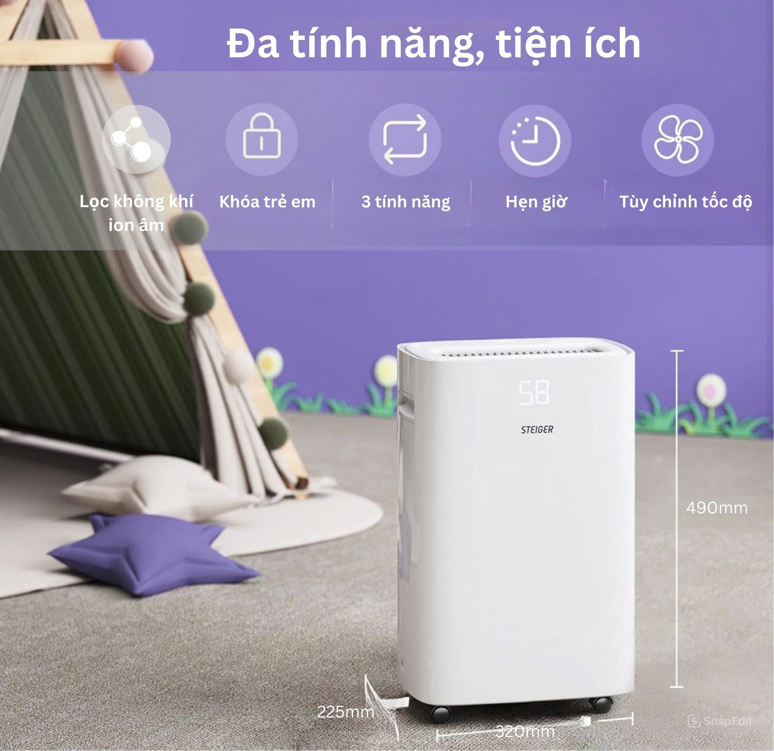Máy hút ẩm Steiger STG-820DW 20L tích hợp Wifi khóa trẻ em
